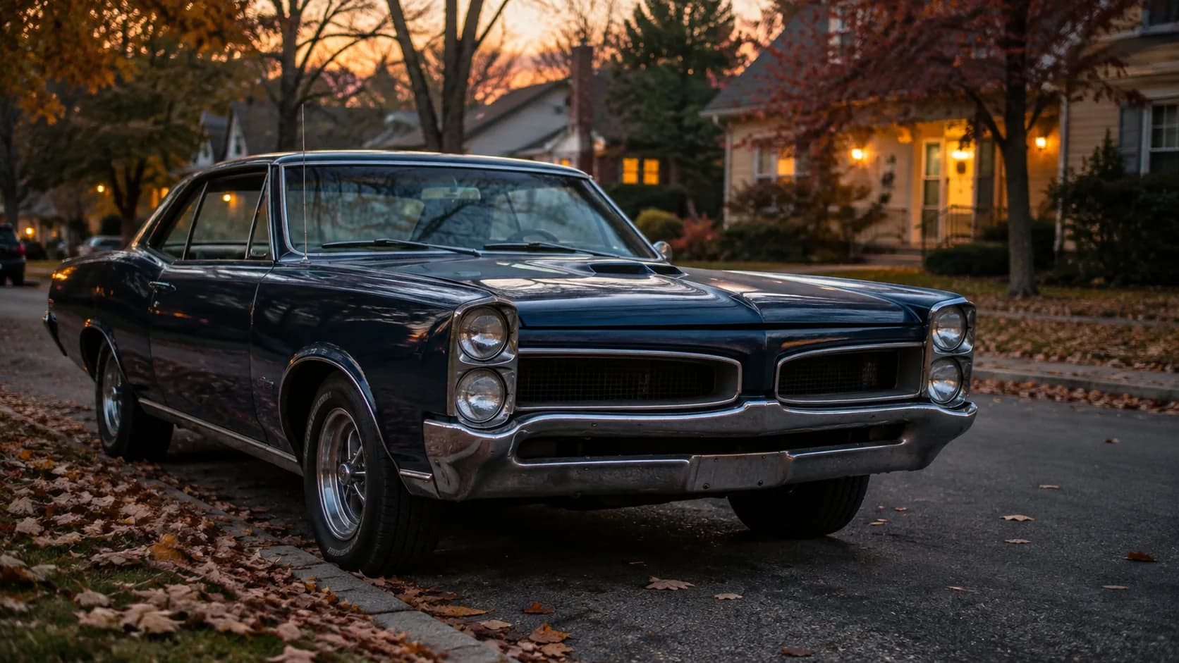 A dark blue 1966 Pontiac GTO parked on a leafy suburban street at dusk, stacked headlights and split grille