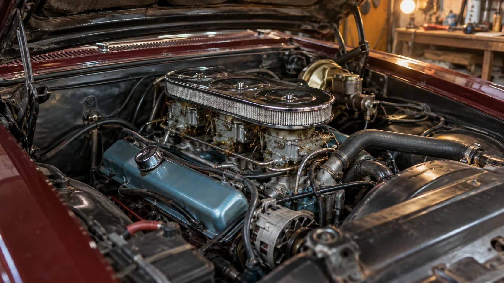 Engine bay of a 1966 Pontiac GTO with a triple two-barrel carburetor setup under a chrome air cleaner