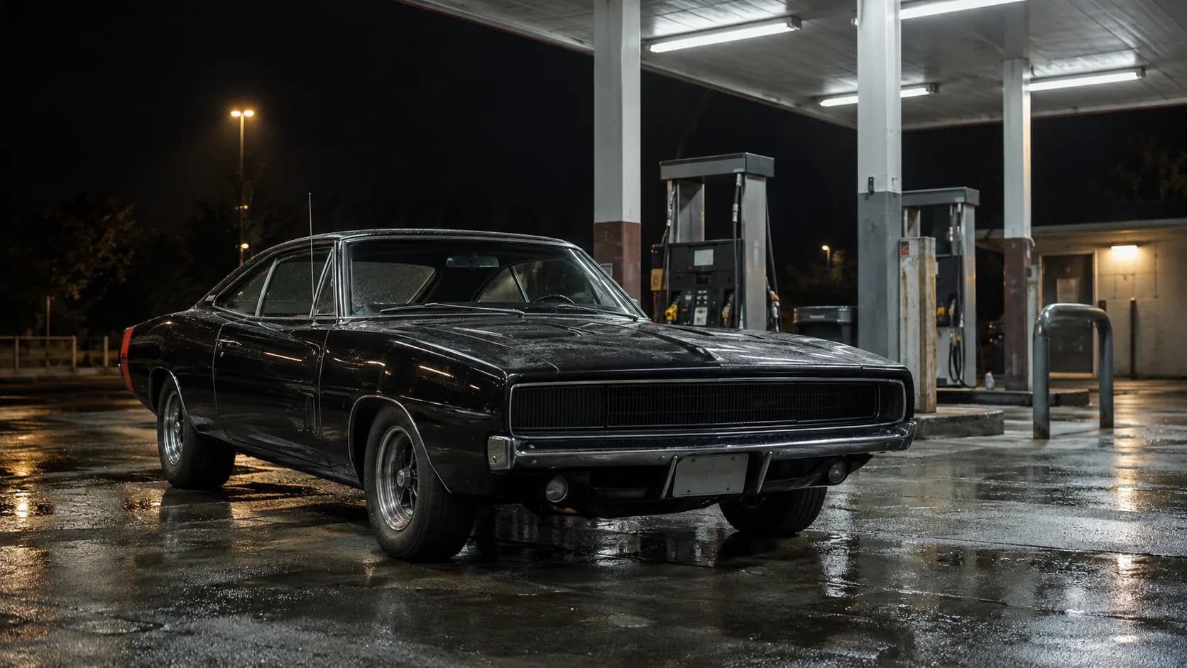 A black 1968 Dodge Charger R/T under the canopy lights of an empty gas station on a wet night