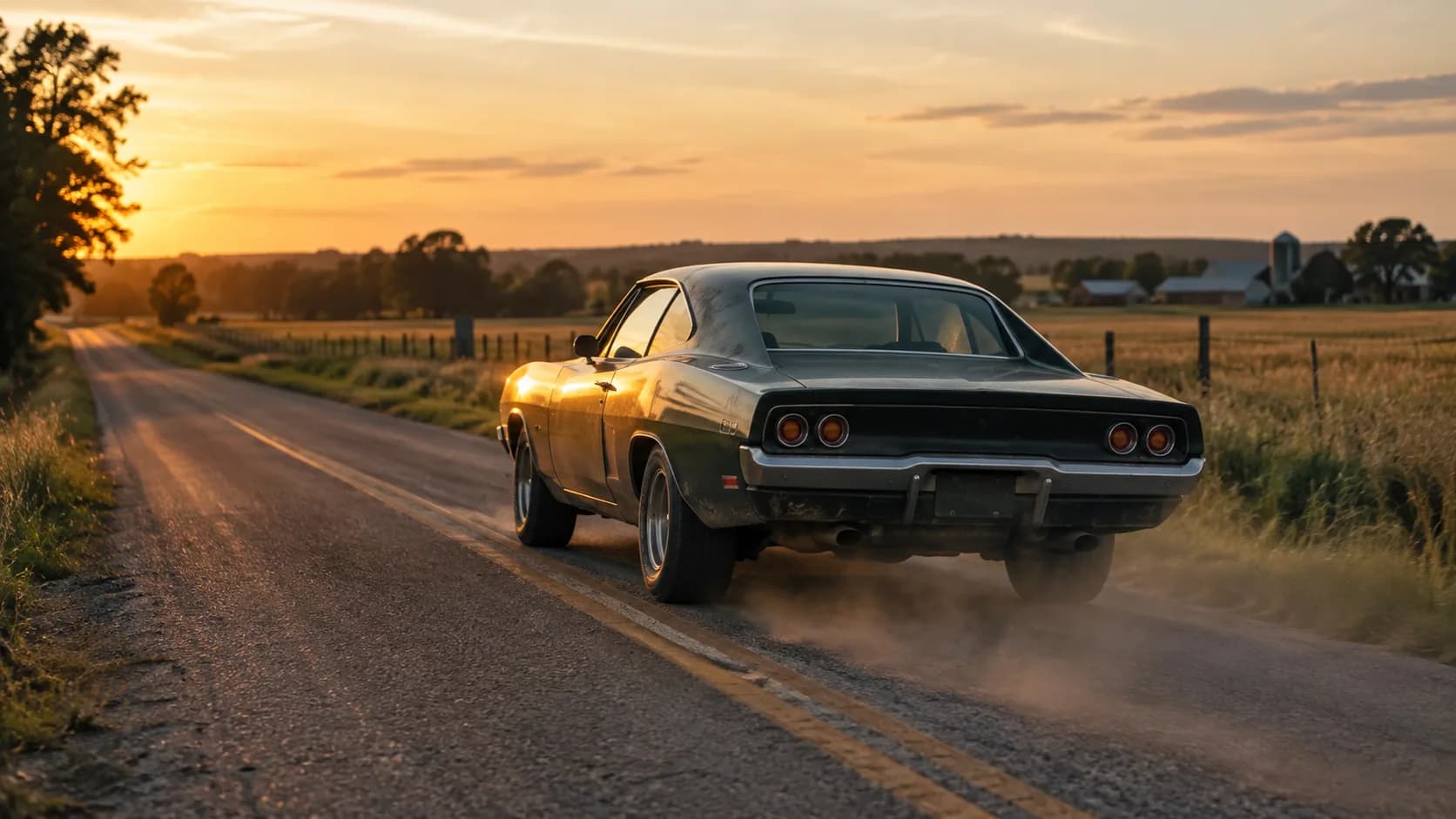 Rear view of a dark green 1968 Dodge Charger R/T on a country road at golden hour, dust behind the wheels