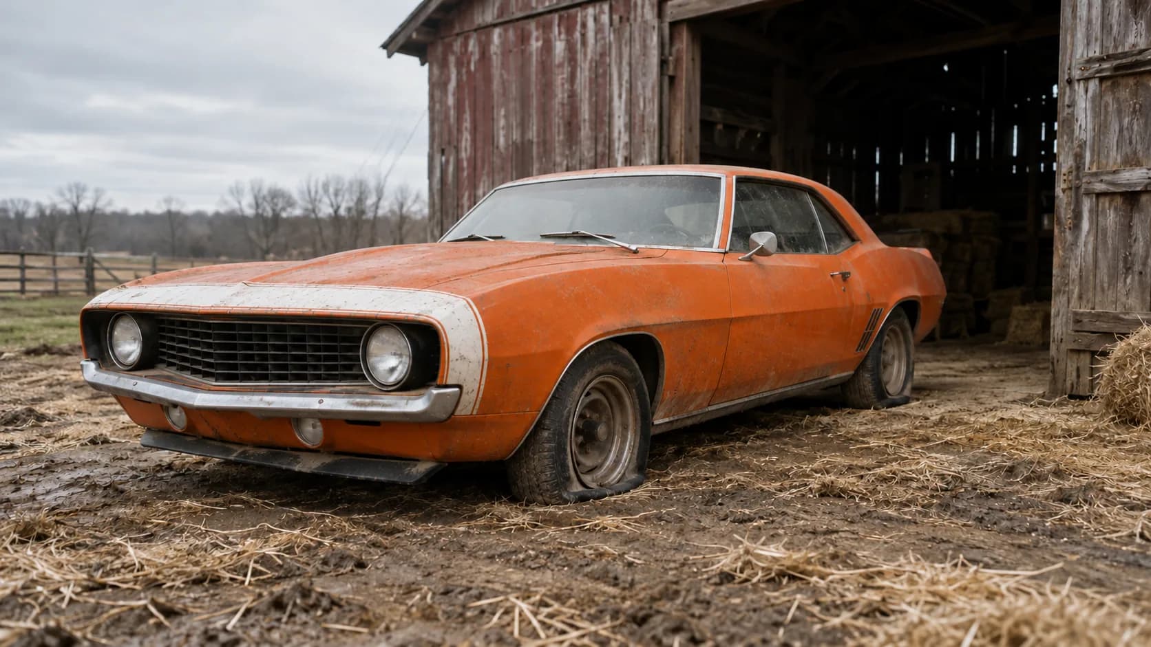 An orange 1969 Camaro SS with white nose stripes pulled out of an old barn, dust on the paint and flat tires