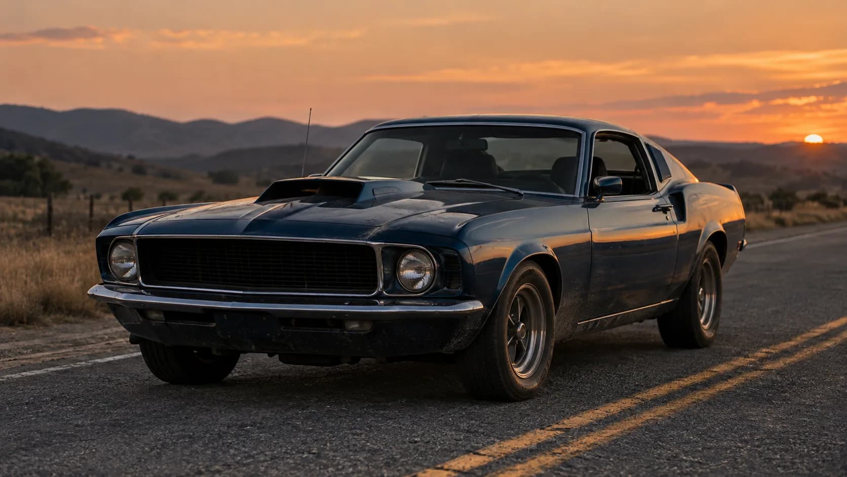 A dark navy 1969-style Mustang fastback with a large hood scoop and round headlamps parked on a two-lane road, hills and an orange sunset behind it.