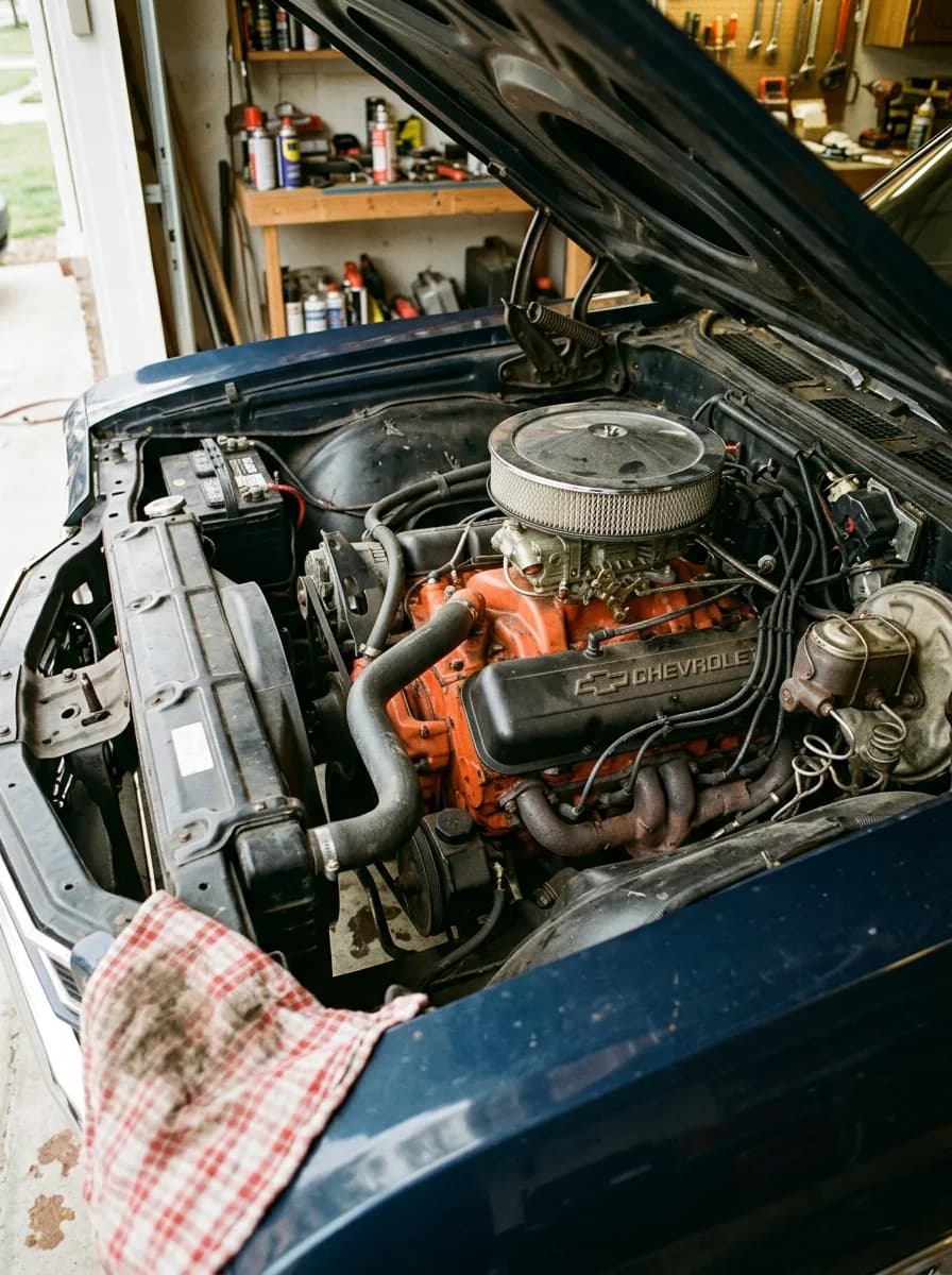 Pop the hood and this is what a real 454 big-block looks like - no plastic covers, just iron and orange paint. Full story: https://speedofdaily.com/1970-chevelle-ss-454-ls5-ls6-spe