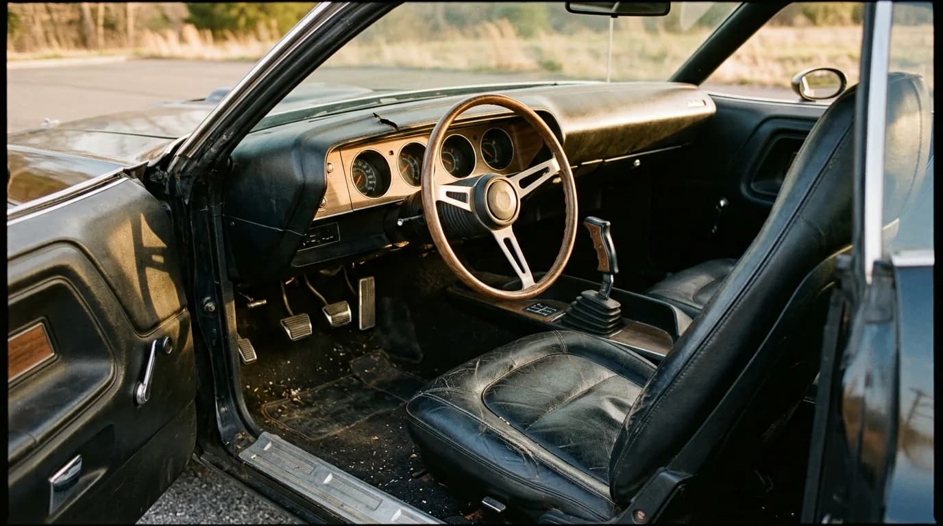 Wood-rim wheel, pistol-grip shifter, a Rallye cluster staring back at you — this is the view the driver got every time.