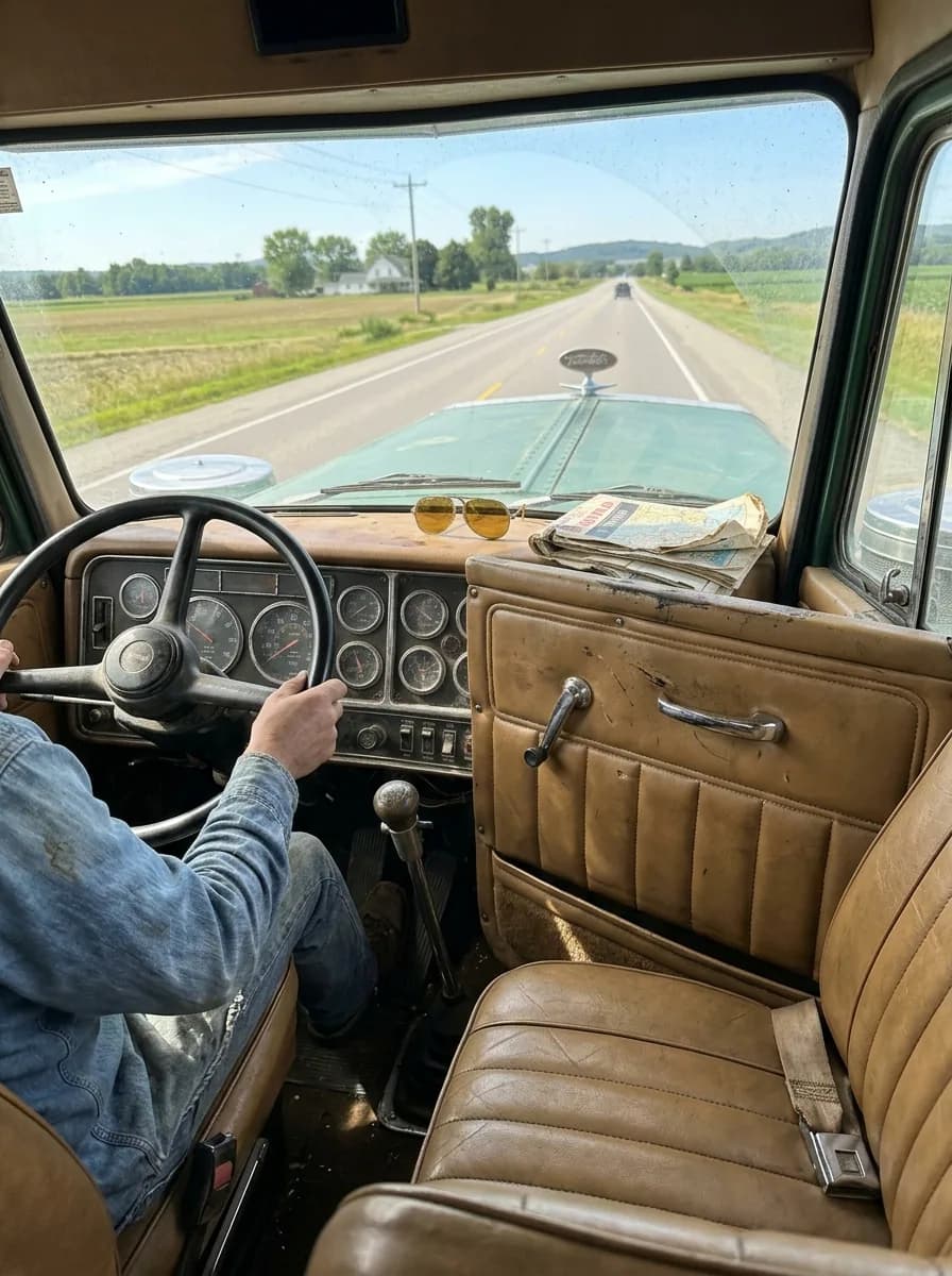 No phone, no GPS - just a folded map, a pair of aviators, and a long stretch of road ahead. Full story: https://speedofdaily.com/1970s-semi-truck-cabs-cb-radio-twin-stick Image: AI