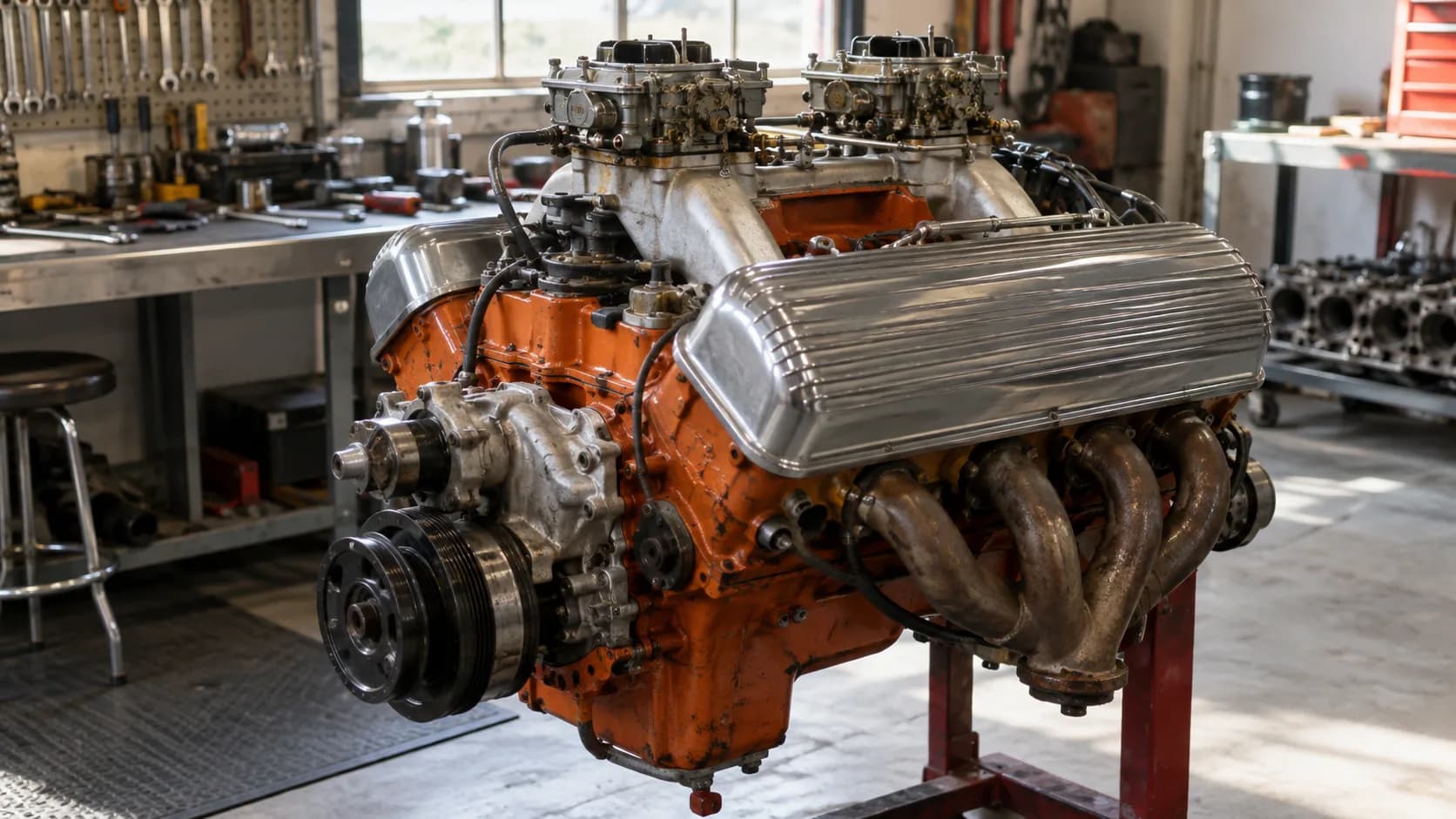 An orange V8 engine on a red engine stand in a sunny workshop, topped by two four-barrel carburetors, with polished finned valve covers and steel tube headers.