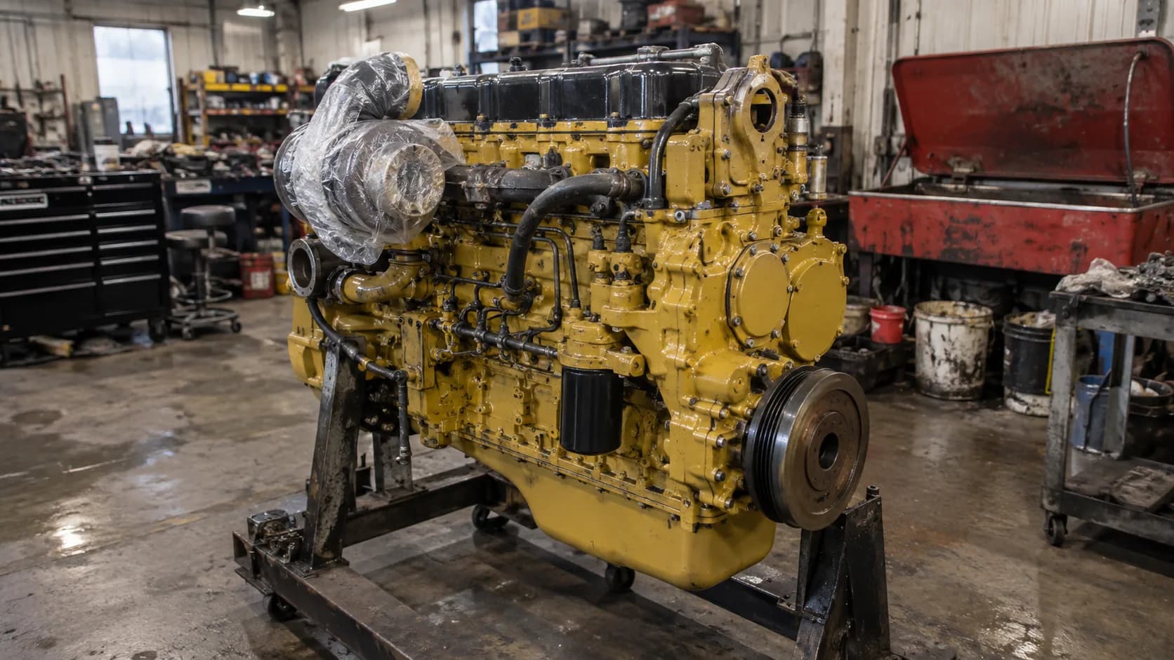 A yellow big-block diesel on an engine stand, turbo wrapped in plastic, waiting for the next rebuild. How many rebuilds can a 3406 take?