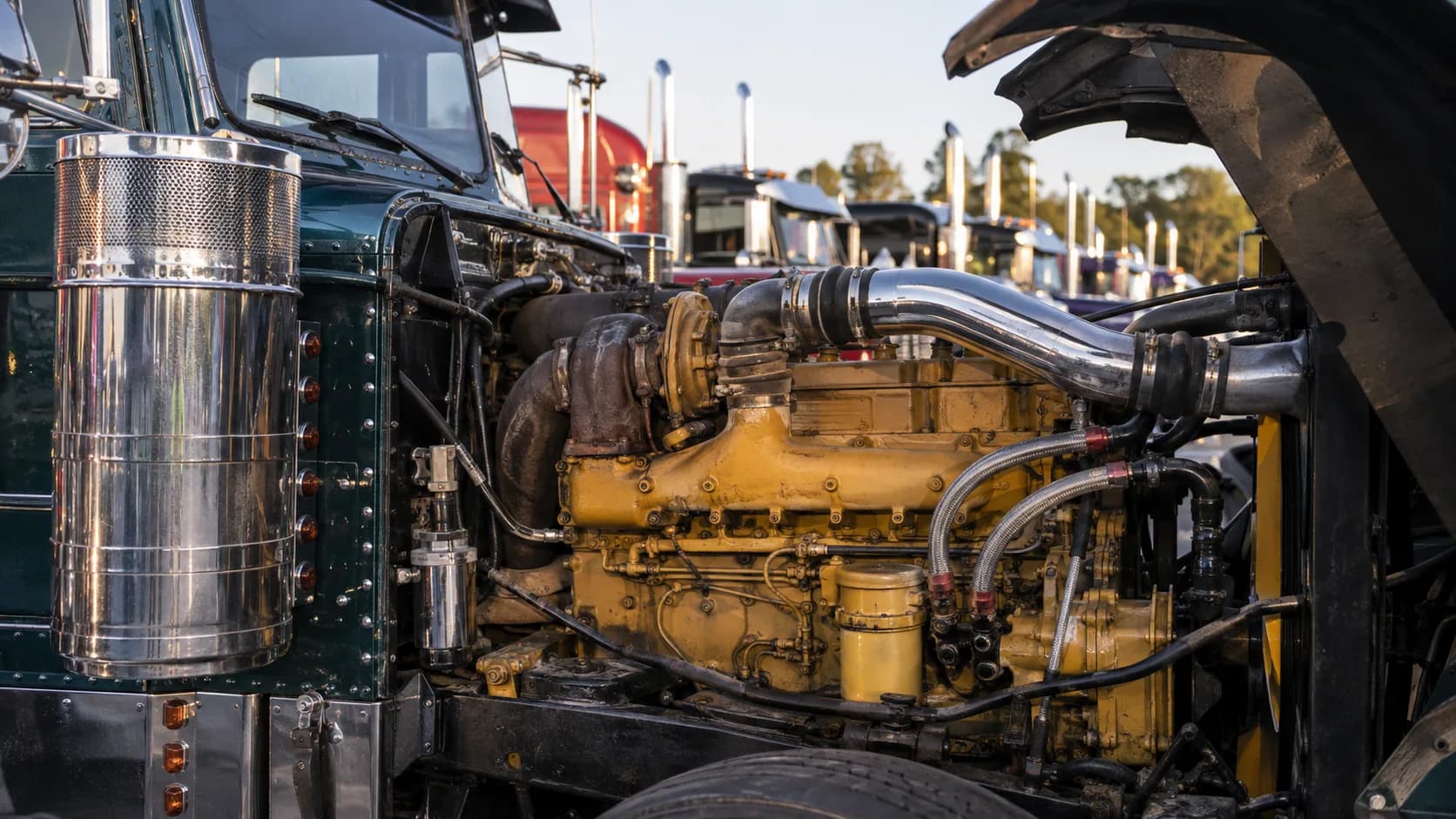 A dark green long-hood truck with its hood open, showing a yellow-painted inline-six diesel with a chrome air cleaner and polished intake pipe, other show trucks with chrome stacks lined up behind in 