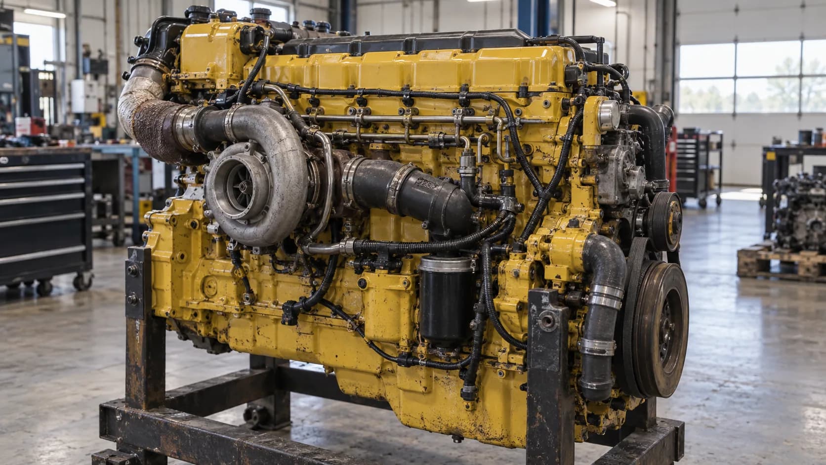 A yellow inline-six on a shop stand, one big turbo hanging off the side. Plenty of drivers still swear by the old single-turbo Cats. Ever run one?