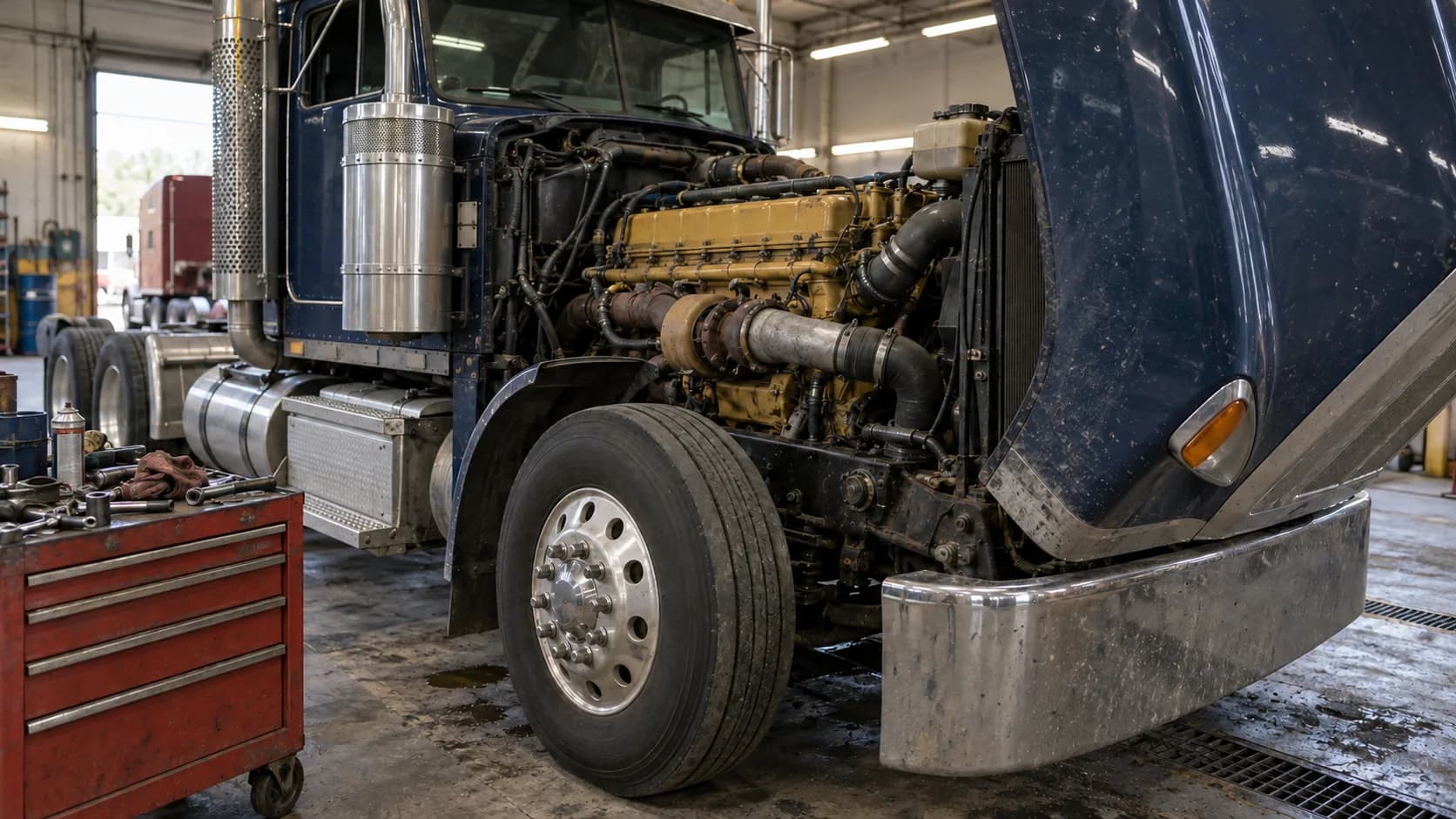 Hood tipped forward, tools spread on the cart, a yellow inline-six waiting for the wrench. Head gasket, injectors or turbo: what was the job you remember most?