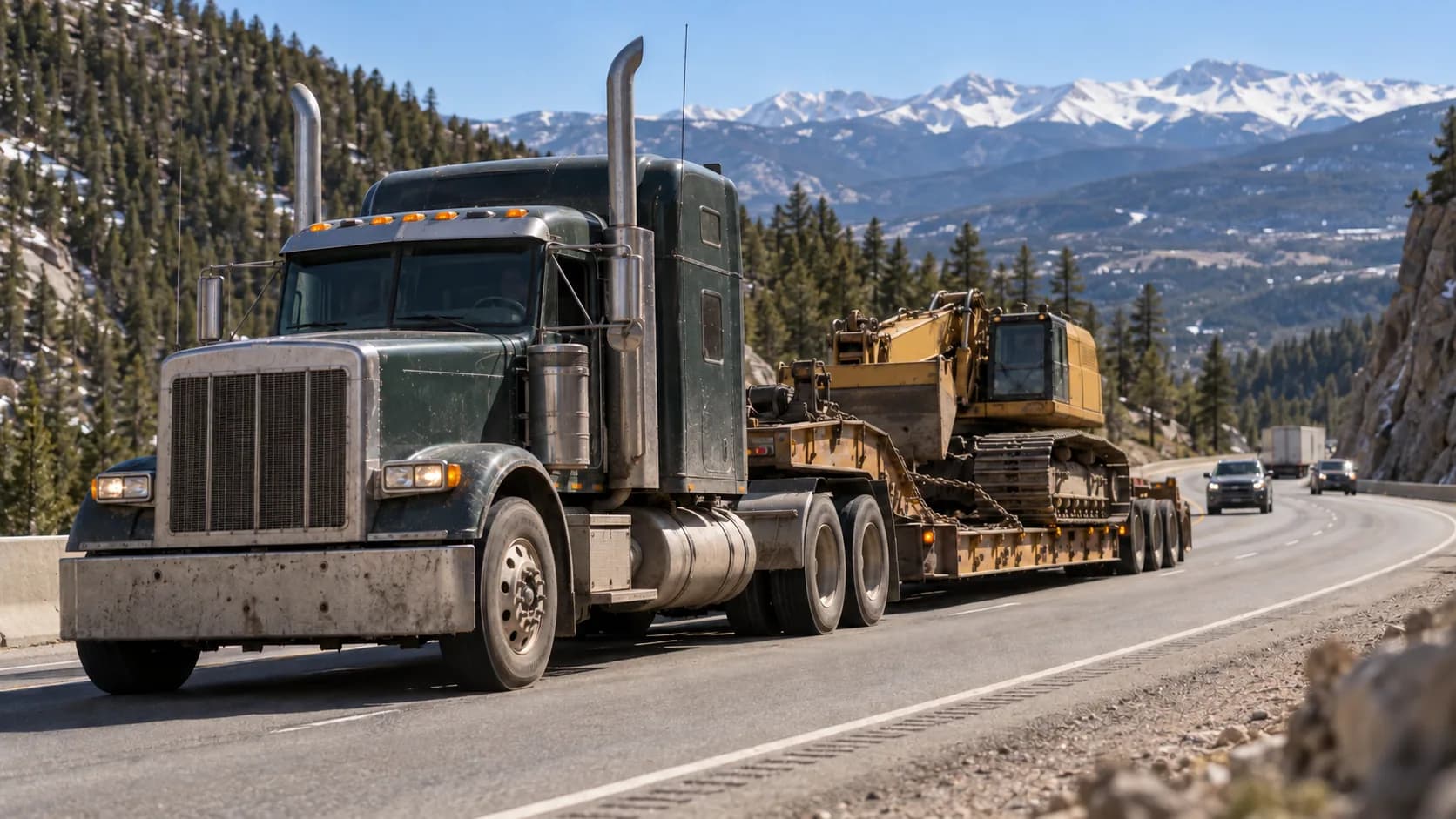 A dark green long-hood semi with tall chrome stacks hauling a yellow excavator on a lowboy trailer along a mountain highway, with snow-capped peaks behind.