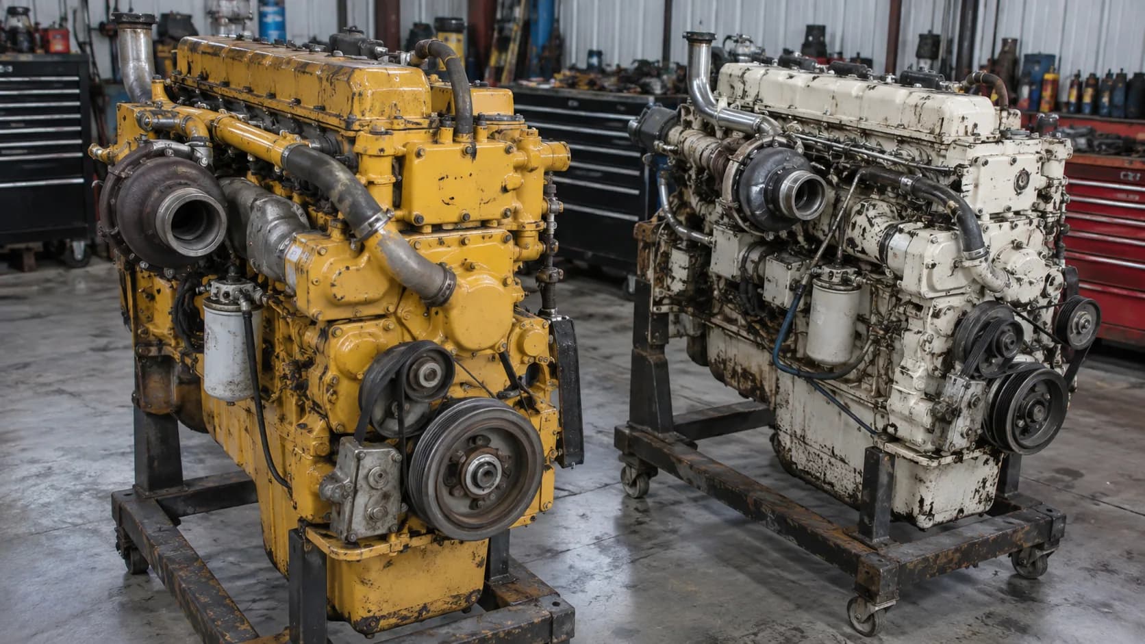 Two large diesel engines on rolling stands in a workshop, one painted yellow and one cream, each with a turbocharger on the side and worn, oil-stained paint, with tool chests behind them.