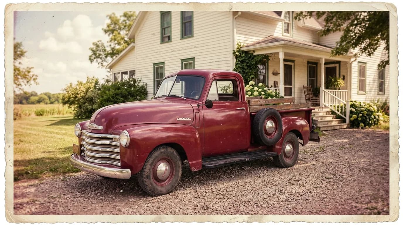 Parked on the gravel drive with the porch swing waiting behind it, this is the kind of photo that used to live in a family album, not a phone.