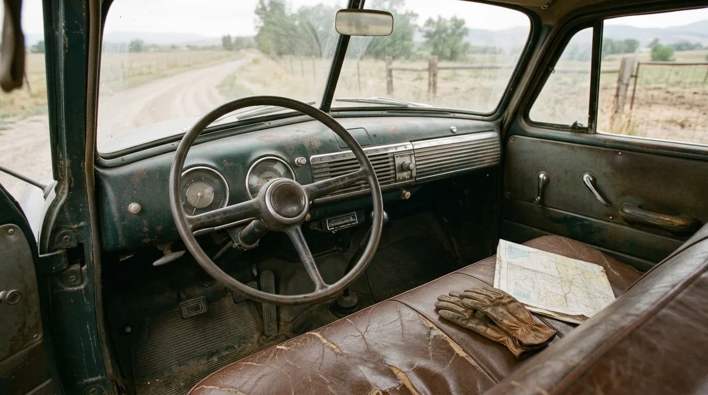 A road map and a pair of work gloves on a cracked leather bench seat. That two-gauge dash is as simple as trucks got.