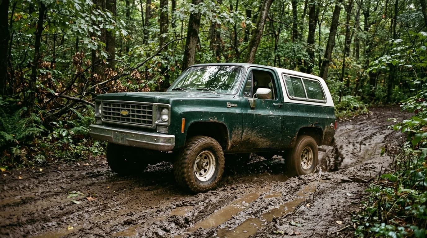 Dark green paint caked with mud, a white roof and wet leaves on the trail. This is what a Blazer looks like when it is doing its job.