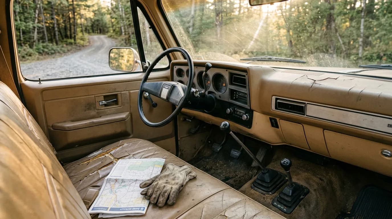 A cracked tan bench seat, an open road map and a work glove, two floor shifters and a gravel road waiting beyond the windshield.