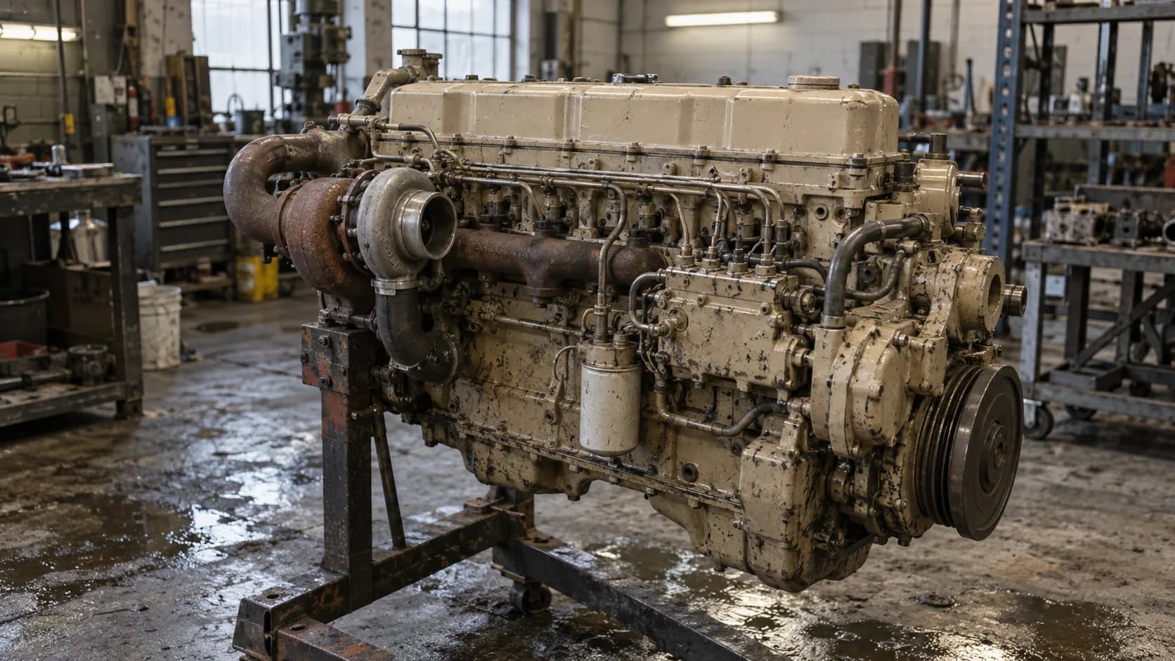 Out of the truck and up on a stand: injector lines, a turbo and decades of grime. Half an inch of extra camshaft gave this kind of engine its name. Do you know the story?