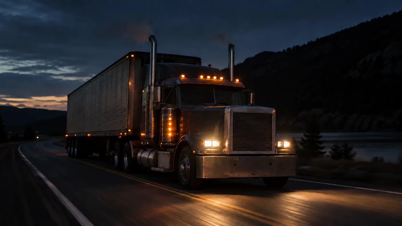 Marker lights glowing, twin stacks smoking, a long hood pulling a box trailer along a hillside road after dark. What was under the hood of the truck you remember?