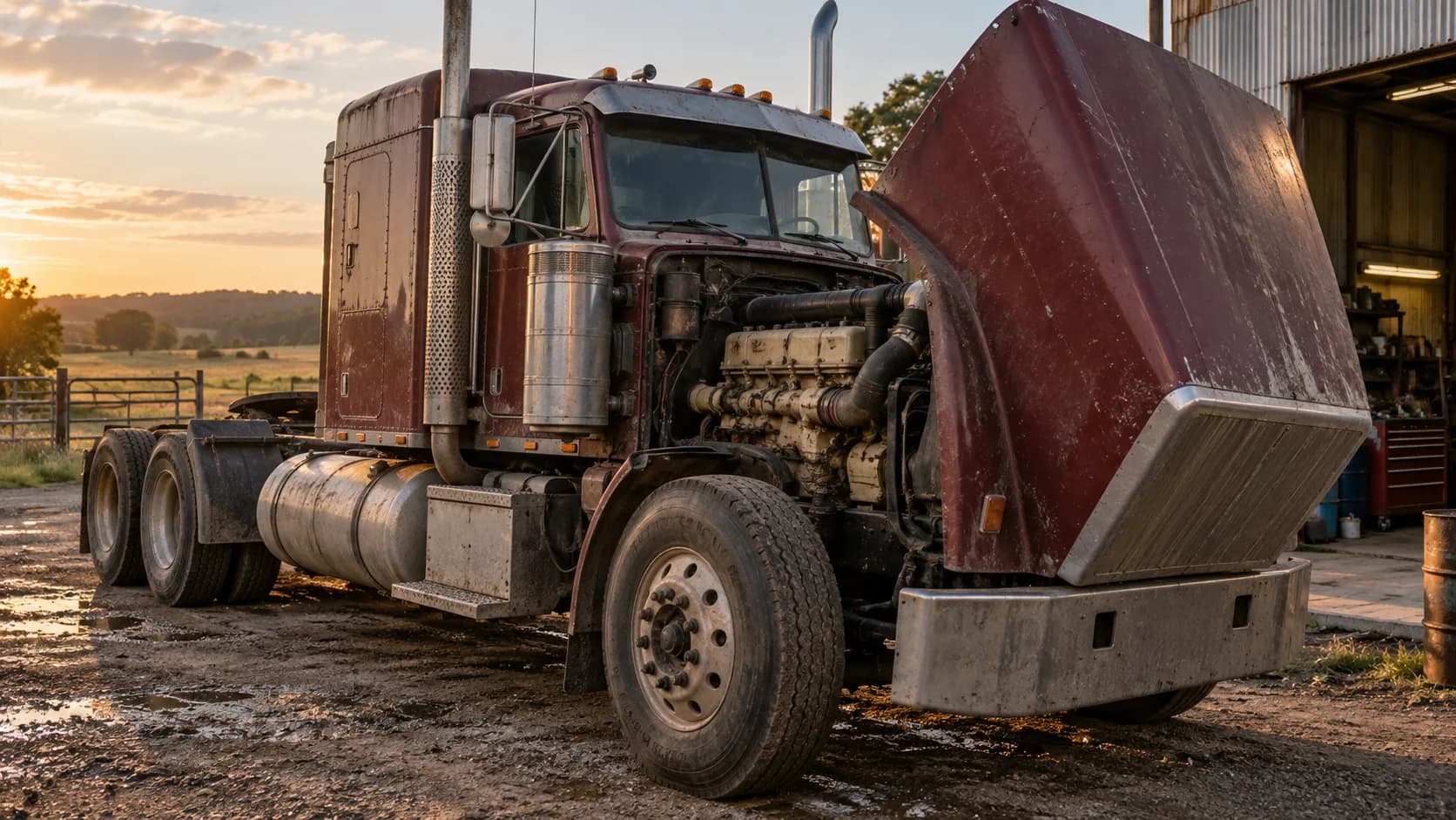 A weathered maroon long-hood semi truck with its hood tilted forward at sunset, showing a cream-colored inline six diesel engine, parked on a muddy lot beside a shop.