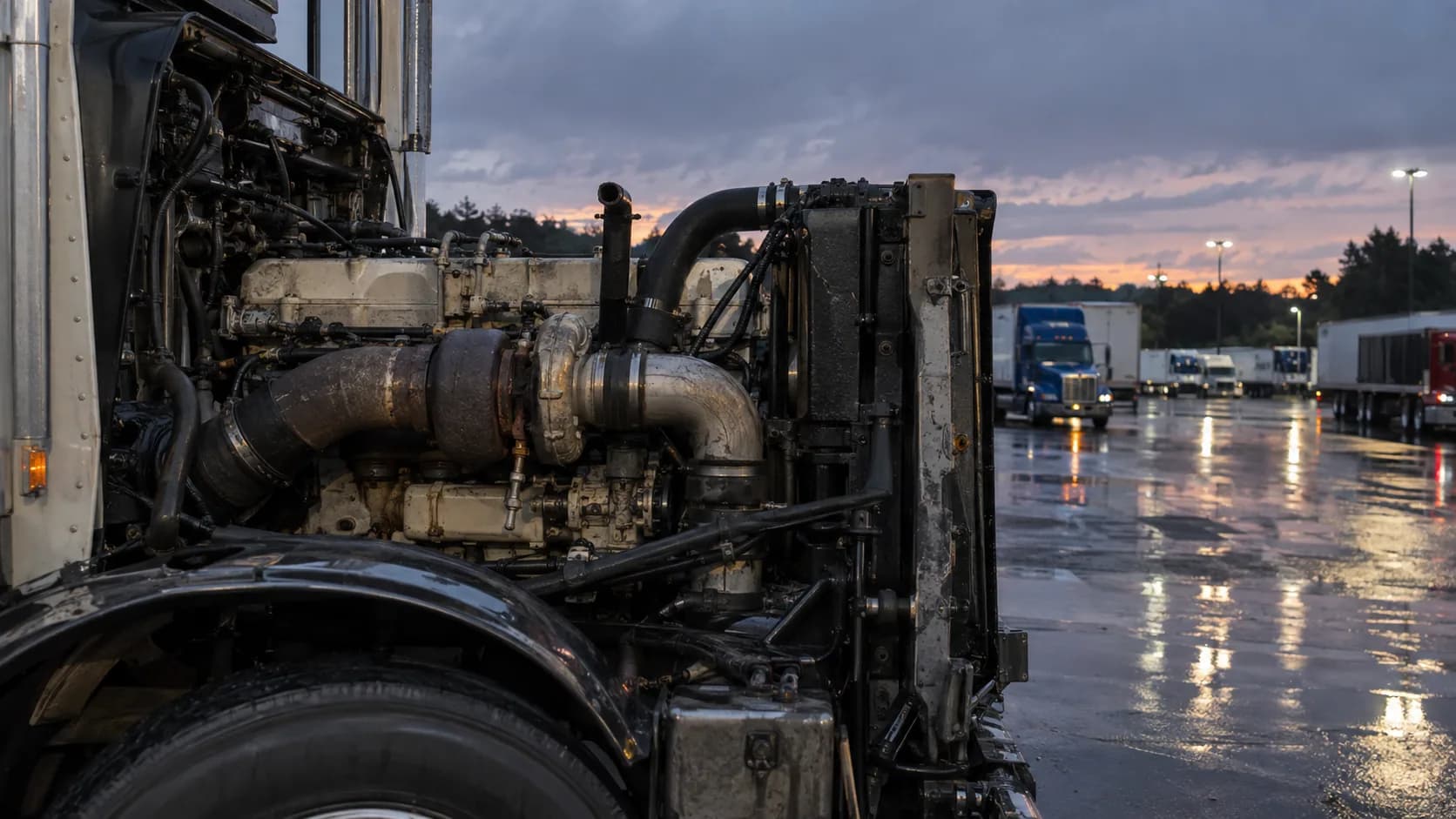 A black long-hood truck with the hood open at dusk, exposing a large inline-six diesel with a turbocharger and big intake pipes, parked on a wet lot with trailers in the background.