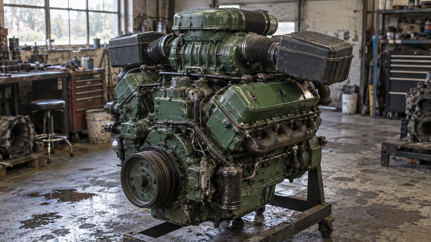 A green two-stroke V8 on a shop stand, blower on top and an air cleaner on each side. Did you ever wrench on a 92 Series Detroit?