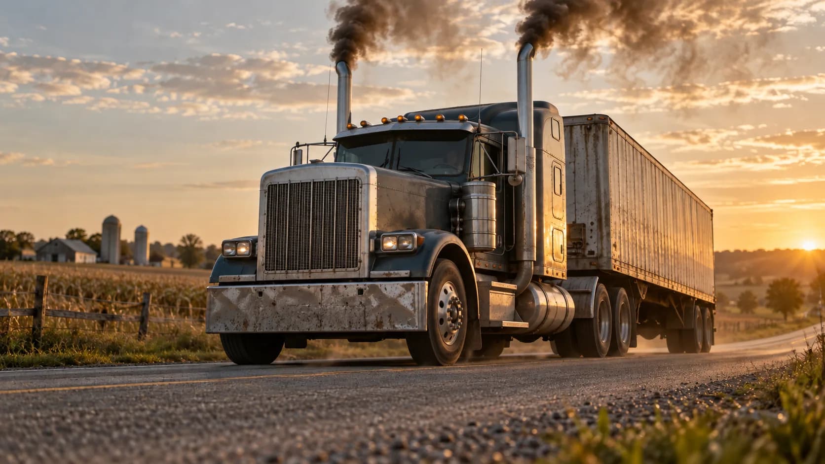 Black smoke from twin stacks, a long hood and a trailer rolling past the silos at sunset. Some sounds you never forget.