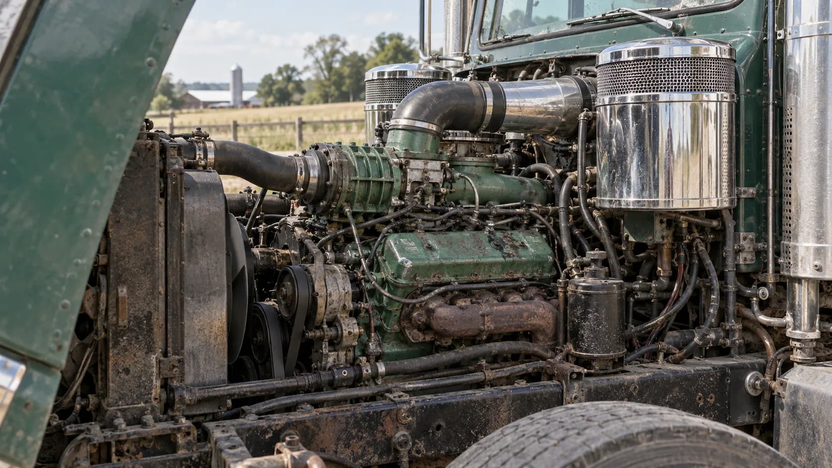 A weathered green V8 diesel with a blower and a chrome air cleaner in the engine bay of an older dark green truck, the hood tilted open beside a farm field.