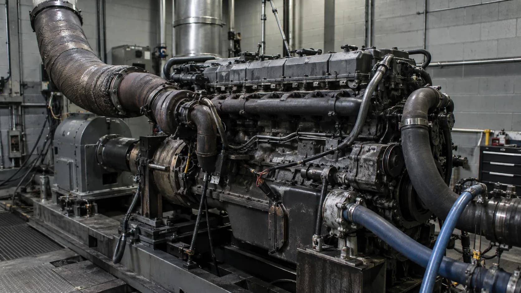 An engine on a test stand, big exhaust pipe running off to the wall. What does a Series 60 sound like when it's pulling on the dyno?