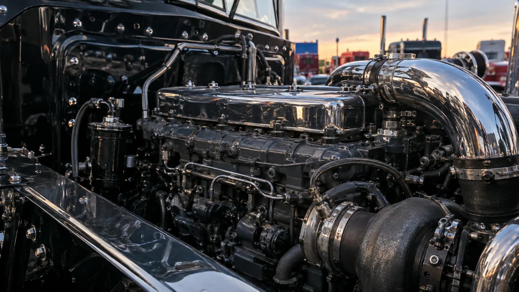 Black paint, chrome intake pipe and a huge turbo, lit by the sunset at a show. Would you ever hide an engine like this under a hood?