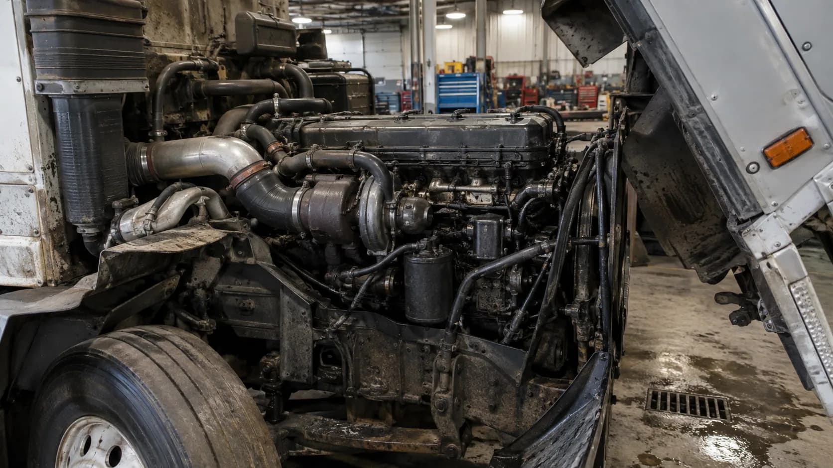 A white truck with its hood tipped up inside a service bay, showing a dark inline-six diesel with a large silver intake tube and a turbocharger, tool chests along the back wall.