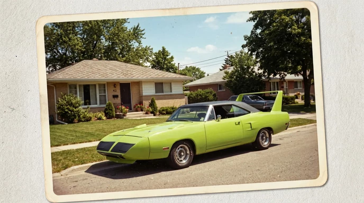 Somebody's driveway, sometime in the 1970s, with a lime-green Superbird looking about as subtle as a UFO landing on the lawn.