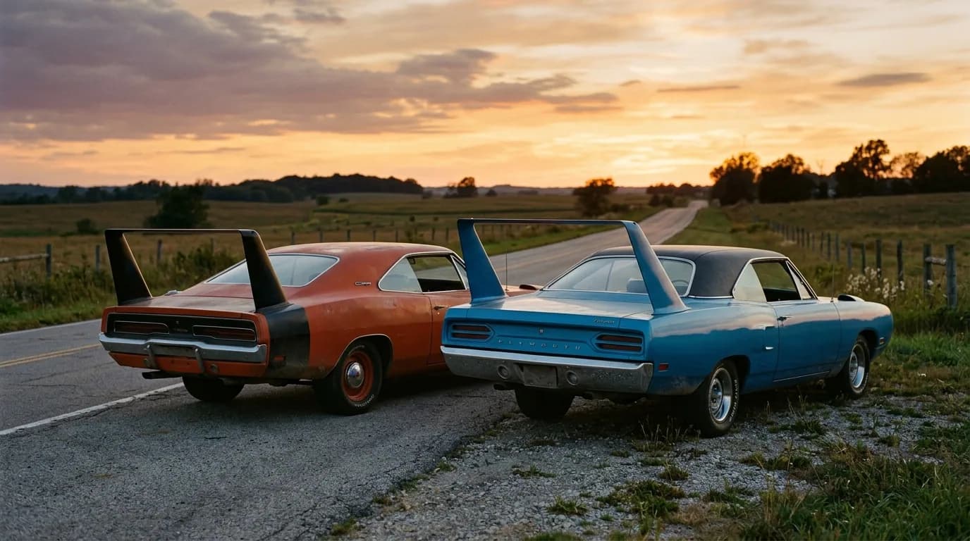Daytona and Superbird, nose to tail on a back road at sunset — two wings built for the same fight, from two different brands.