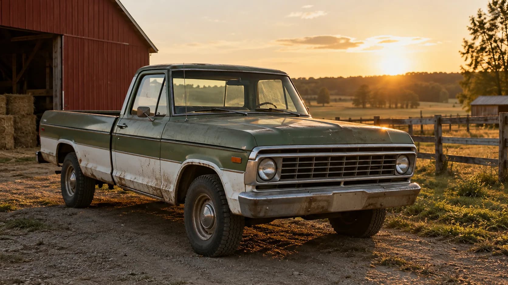 A green and white two-tone pickup parked on gravel beside a red barn and hay bales, with a wooden fence and the sun setting over fields behind it.