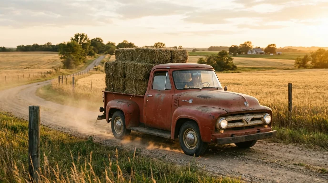 Hay bales stacked high in the bed, dust kicking up behind it on a dirt road at golden hour. Hard to picture a more classic farm-truck shot.
