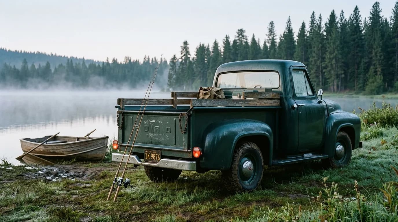 Fishing rods leaned against the tailgate, a rowboat pulled up on the bank, and fog still sitting on the lake at first light.