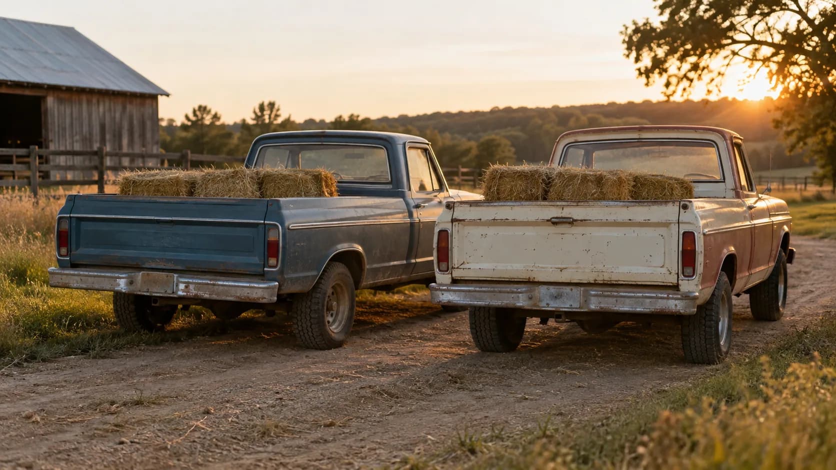 Hay in the bed, dirt on the tailgate and a barn behind them. Back in the day, the Ford-versus-Chevy argument was settled on farm roads like this one.