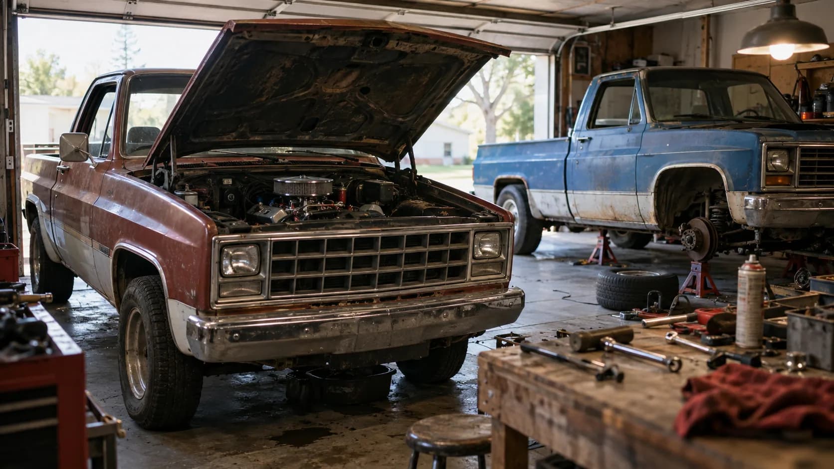 Hood up on one, wheel off the other, tools everywhere. Every classic truck owner knows this garage. Which brand was easier to keep running?