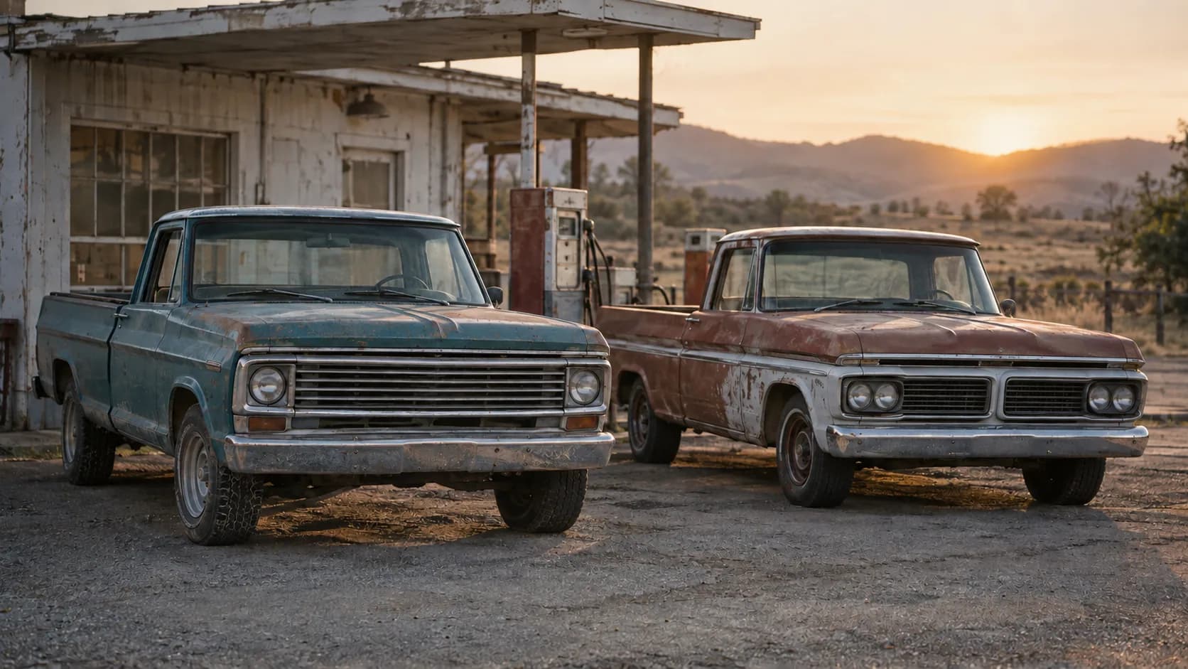Two weathered classic pickups parked side by side in front of an old wooden gas station at sunset, a faded blue truck with round headlamps and a rusty red-and-white truck with dual headlamps, hills on