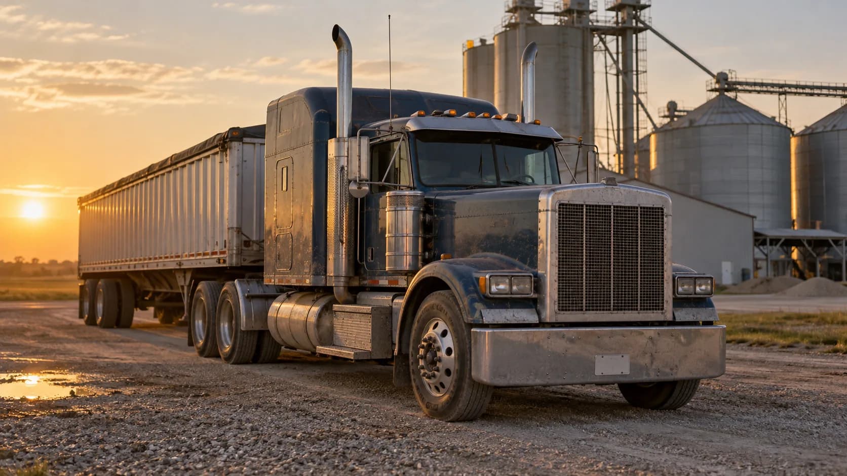 A dark blue long-hood semi with tall chrome stacks and a covered grain trailer parked on gravel in front of grain silos at sunset.