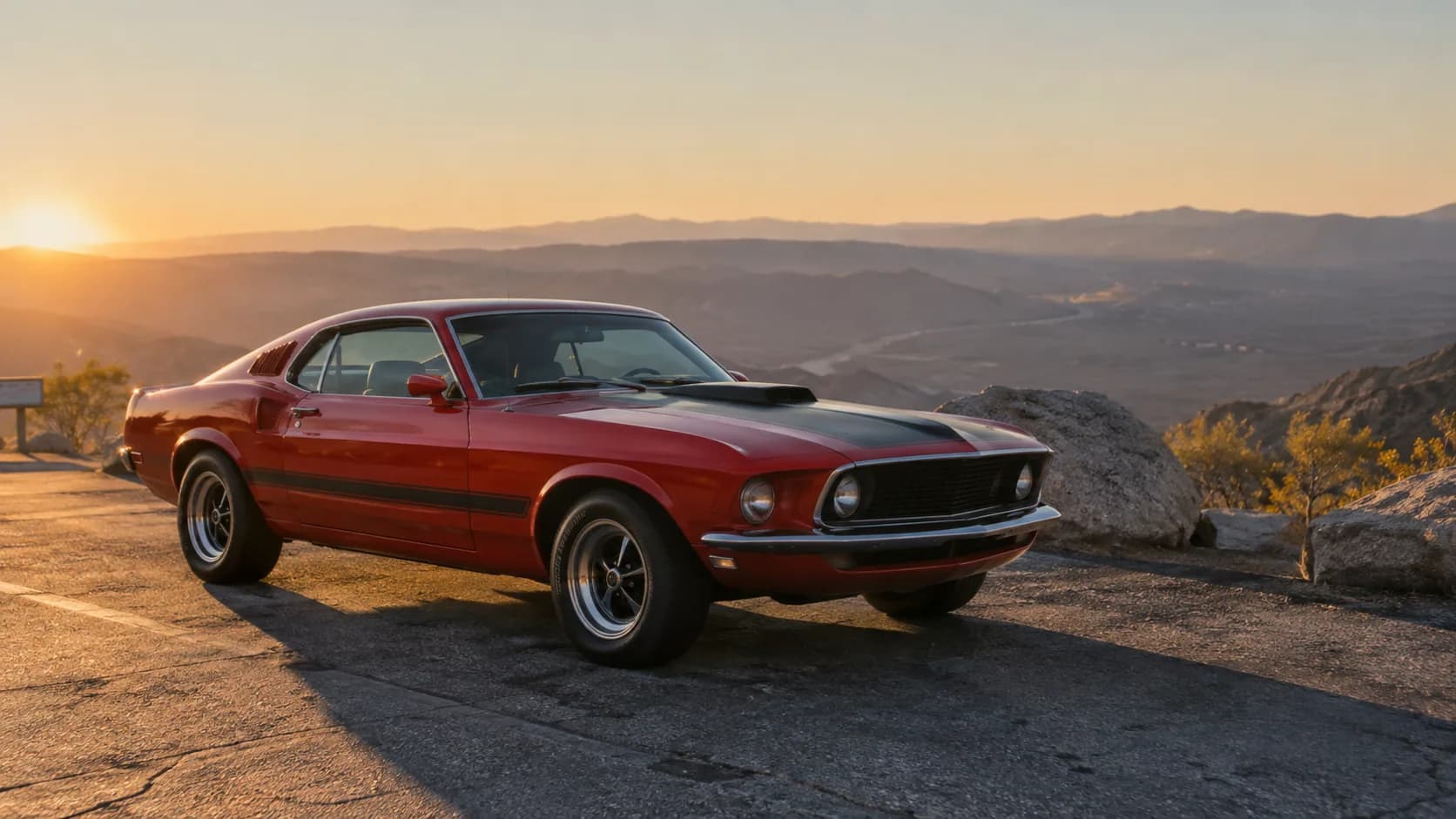A red 1969 Mustang Mach 1 fastback with a black hood scoop on a desert overlook at sunrise