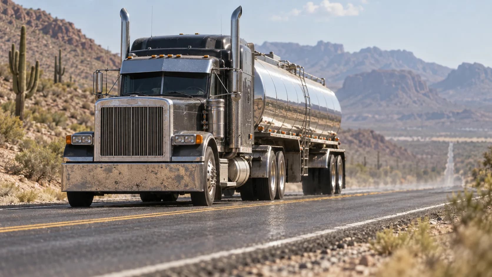 A long hood pulling a polished tanker through saguaro country, stacks up and the road shimmering ahead. Would you rather drive this or anything built today?