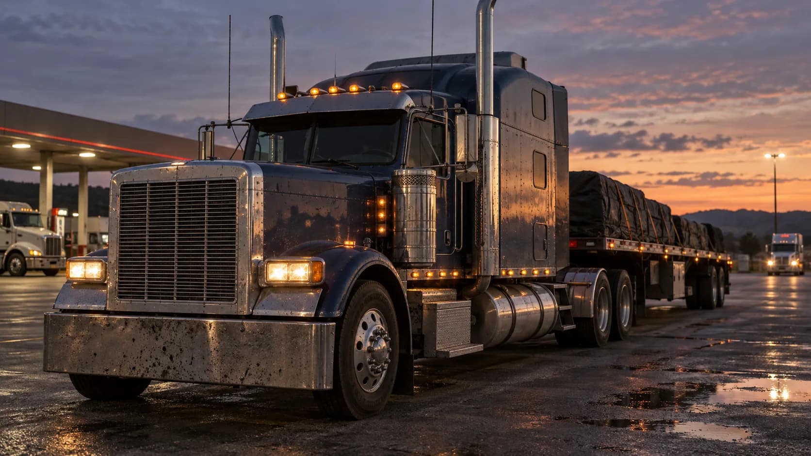 A dark blue long-hood semi with a square chrome grille, tall chrome stacks and amber cab lights parked with a tarped flatbed at a wet truck stop under an orange dusk sky.