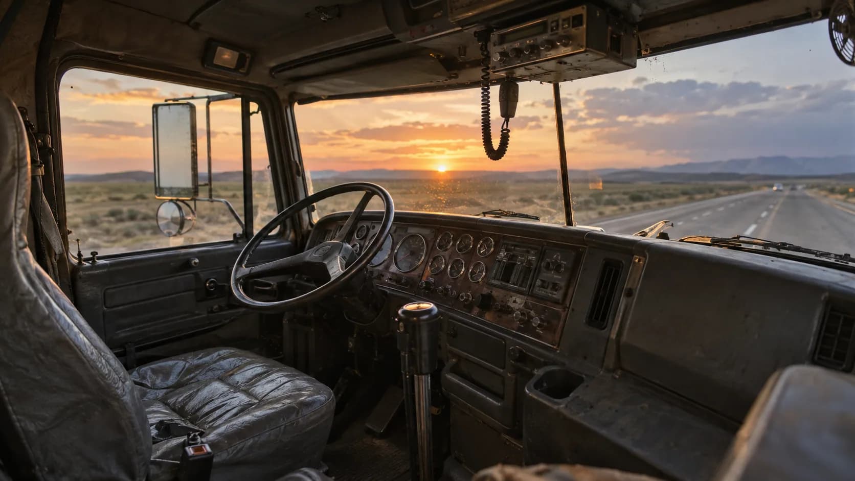 A worn seat, a CB mic hanging from the roof console and the sun dropping onto an empty desert highway. Would you take the next shift?