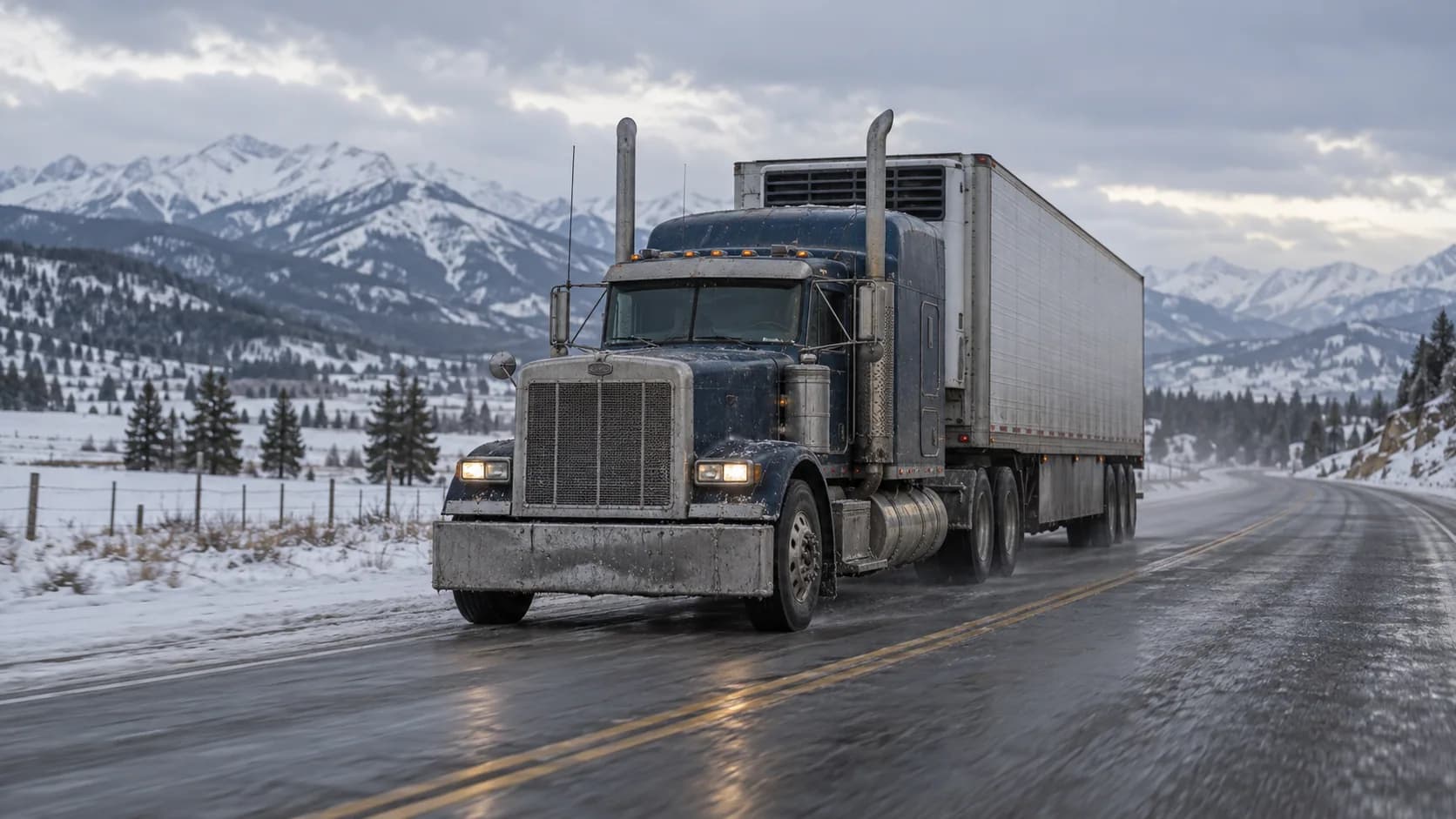 Snow on the peaks, slush on the two-lane and a reefer trailer behind a long hood with its lights on. Who still remembers running the old long-hood Internationals through winter?