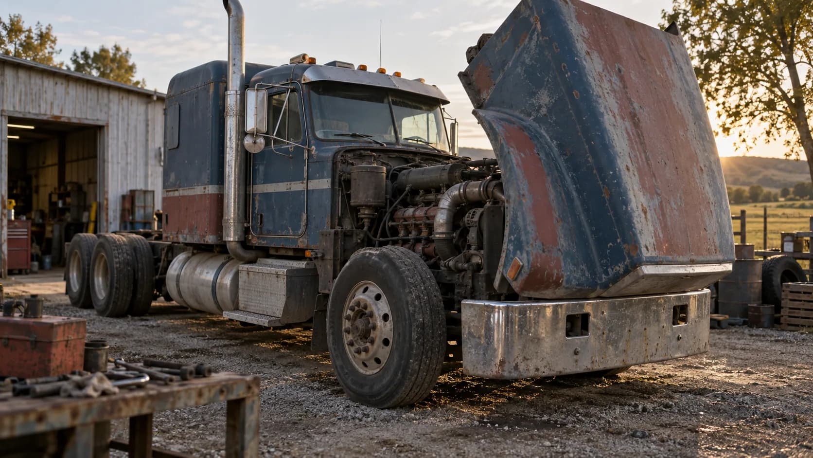 Hood tipped forward, the engine out in the open, tools on the bench and the sun low over the farm yard. Every old long hood ends up here sooner or later. Would you take on this pro