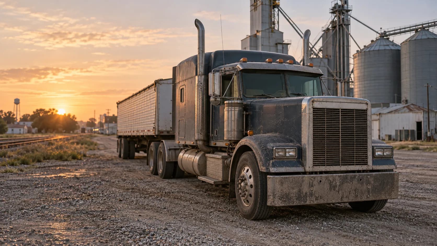 A dusty dark blue long-hood semi with tall chrome stacks and a grain trailer parked on gravel beside grain elevators and silos at sunset, next to railroad tracks.