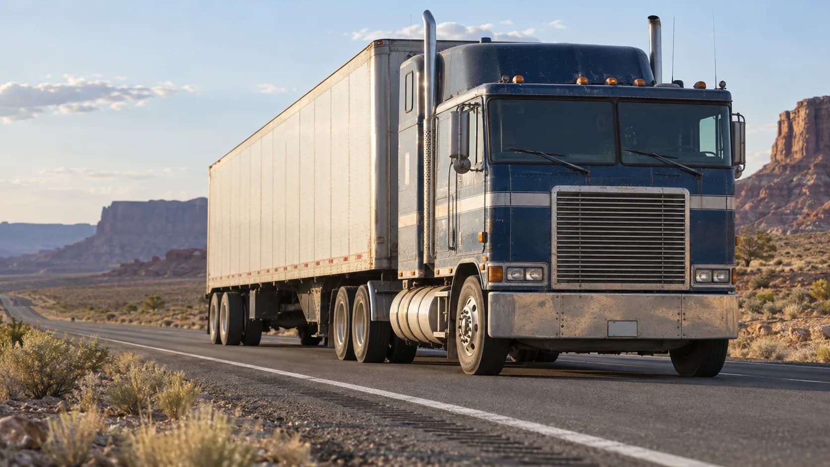 Desert two-lane, mesas on both sides, a flat-nosed cabover pulling a dry van with the sun on its windshield. Did you ever ride sitting right over the front axle?