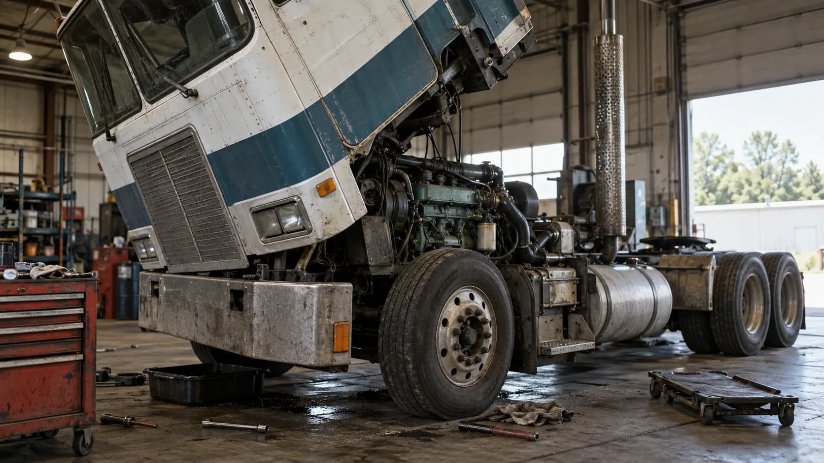 Cab tipped forward, engine out in the open, tools and a creeper on the shop floor. Anyone who wrenched on a cabover knows this view. What was the worst job you did under one?