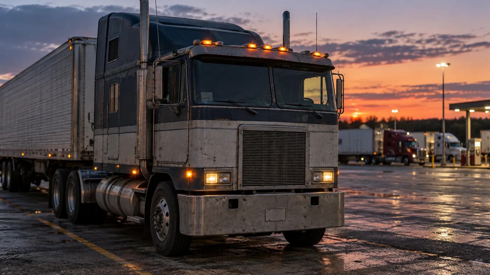 A weathered dark blue and silver flat-nosed cabover tractor with amber roof lamps and a rectangular grille, parked on a wet truck-stop lot at sunset with a box trailer behind it and a fuel island in t
