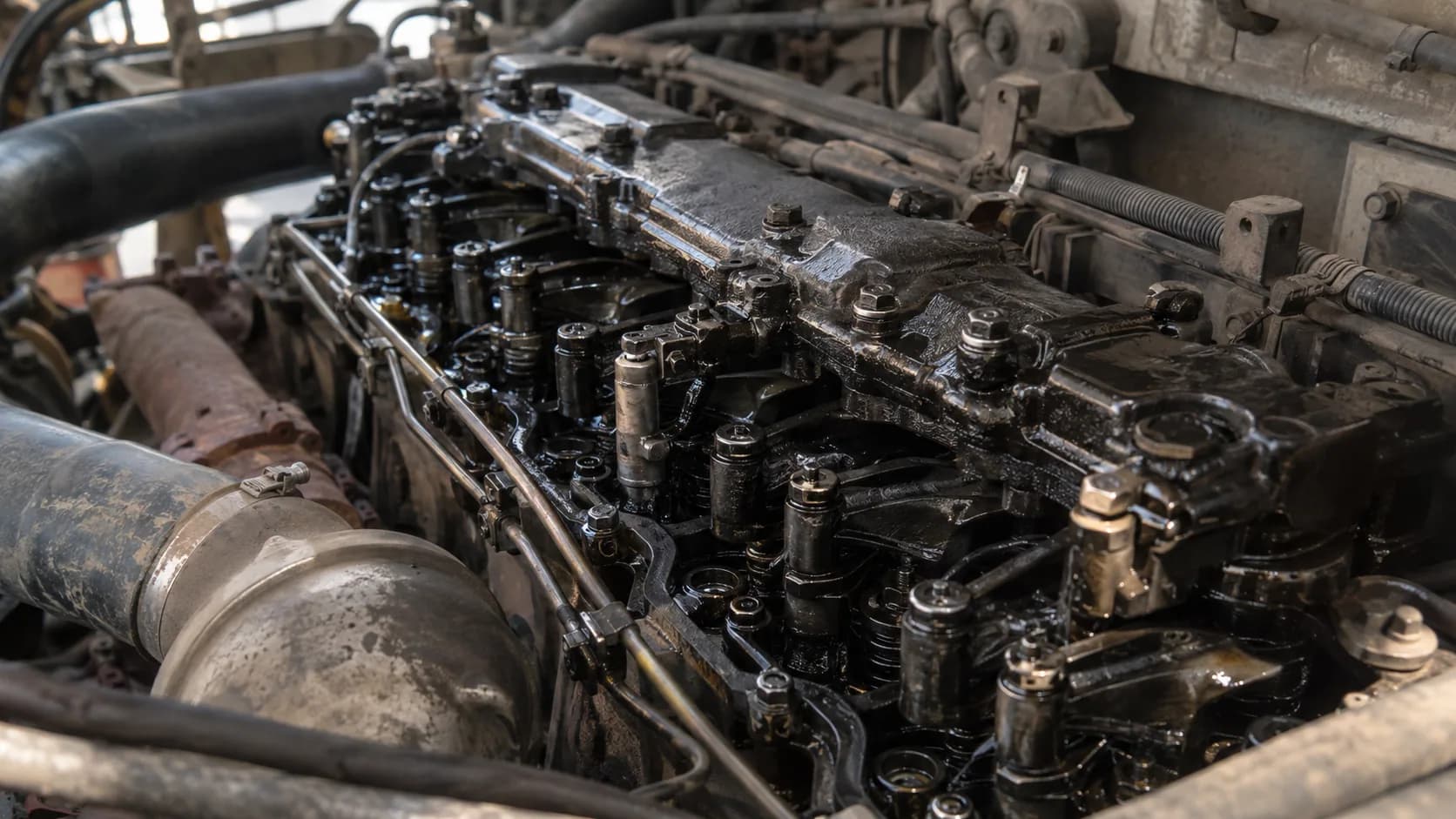 Valves, rocker gear and oil-wet iron. Somewhere in here is the trick that turns a diesel into an air compressor. Full story: https://speedofdaily.com/jake-brake-engine-brake-explai